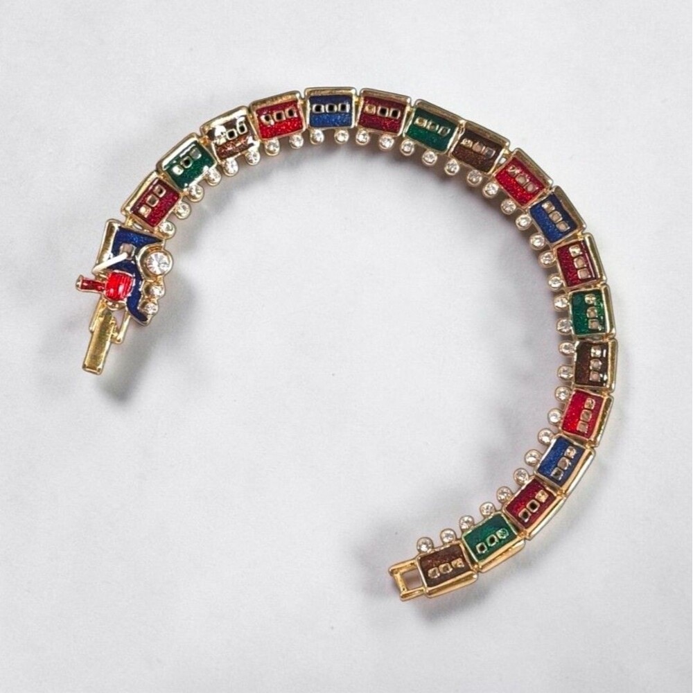 Vintage Gold Tone Enamel Rhinestone Train Bracelet 7in Engine Cars Whimsical